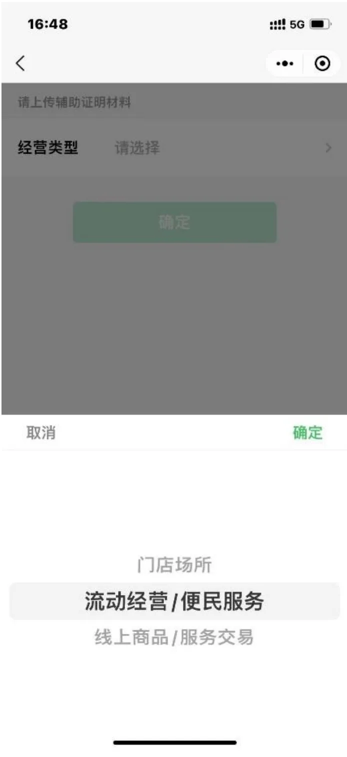 辅助证明材料经营类型选择页面
